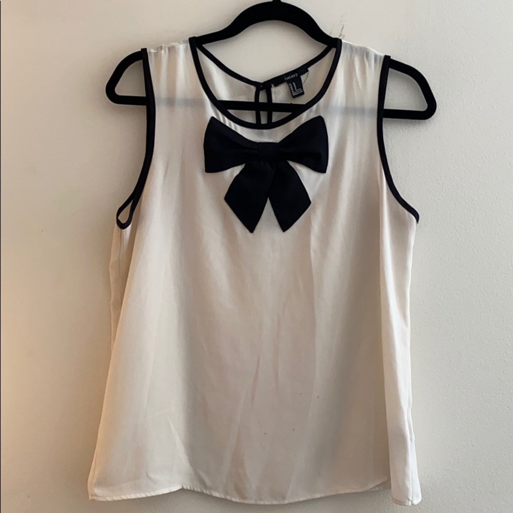 White tank top blouse with black bow & black trim